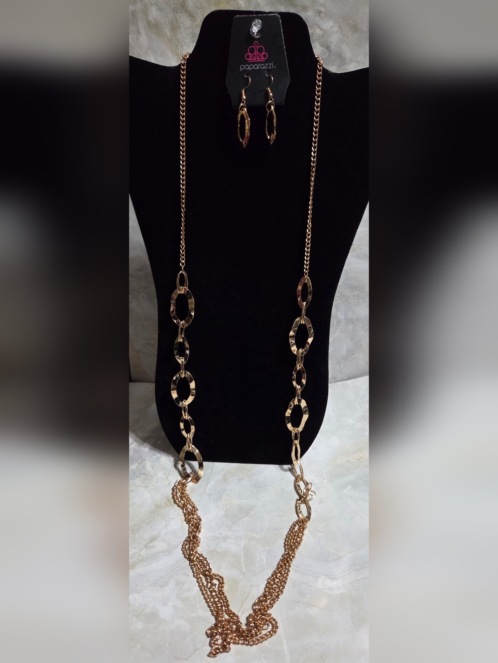 Paparazzi Long Layered Gold-Link Necklace and Earring Set